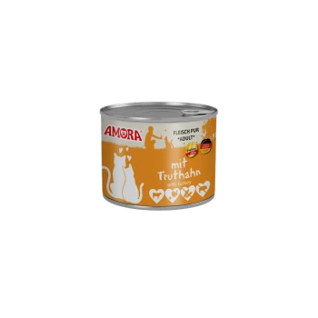 AMORA Katzenfutterdose, orangefarbenes Etikett mit weißen Katzensilhouetten, 'mit Truthahn / with turkey' und 'FLEISCH PUR *ADULT*'.
