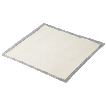 Un tapis d'entraînement pour animaux de compagnie rectangulaire avec un centre beige clair et une bordure grise, conçu pour une utilisation intérieure.