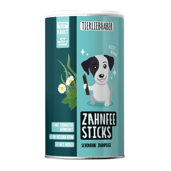 Eine zylindrische Dose mit Zahnpflege-Sticks für Haustiere, beschriftet mit 'Zahnfee Sticks', enthält 350g und 13 Sticks, mit einem hellblauen Hintergrund und pinkem Deckel.