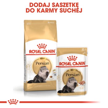 Opakowanie karmy dla kotów Royal Canin Persian, z torbą suchej karmy i saszetką mokrej karmy, z tekstem "DODAJ SASZETKĘ DO KARMY SUCHEJ."