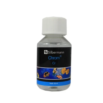 Flasche Silbermann Chrom (Cr) Aquarienzusatz, 100 ml, mit bunten Fischgrafiken auf dem Etikett.