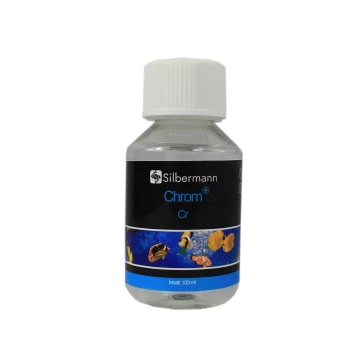 Flasche Silbermann Chrom (Cr) Aquarienzusatz, 100 ml, mit bunten Fischgrafiken auf dem Etikett.