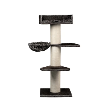 Schwarzer Katzenbaum mit mehreren Ebenen, einem Kratzbaum und einer gemütlichen Hängematte an der Seite. Ideal zum Klettern und Ausruhen.