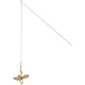 Ein Katzenspielzeug mit einem Holzstab, an dem eine Schnur mit einem Stoff-Schmetterling befestigt ist, entworfen für interaktives Spielen.