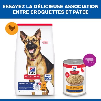 Nourriture pour chiens Hill's Science Plan pour adultes matures 6+ au poulet, montrant un sac de croquettes sèches et une pâtée en conserve.
