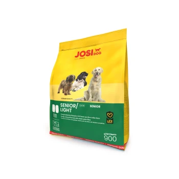 Gelbe JOSI DOG Senior/Light Hundefuttertüte (900g) mit drei Hunden, beschriftet mit "DEUTSCHE QUALITÄT" und "Energie-reduzierte Formel."