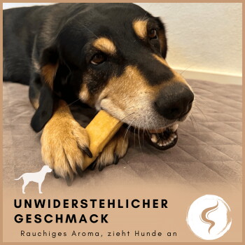 Ein schwarz-brauner Hund, der auf einem gelben Knochen kaut, mit dem Text "UNWIDERSTEHLICHER GESCHMACK" und "Rauchiges Aroma, zieht Hunde an" darunter.
