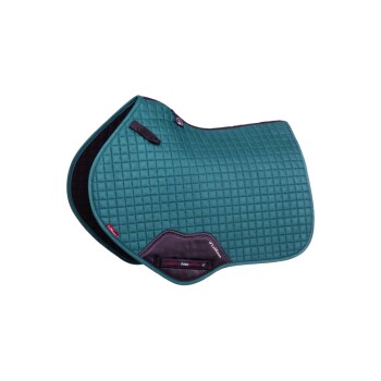 Teal gesteppte Satteldecke mit einem dunkelbraunen Rand und LeMieux ProSport Branding, teilweise gefaltet, um die Innenstruktur zu zeigen.