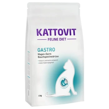 Feline Gastro 4 kg Kattovit Feline Diet Gastro kattenvoer zak, 4 kg, met een katten silhouet en labels voor laag vet, verteerbaar, en hoog elektrolytgehalte.