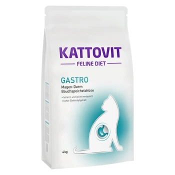 Sac de nourriture pour chats Kattovit Feline Diet Gastro, 4 kg, avec une silhouette de chat et des étiquettes pour faible en gras, digestible et riche en électrolytes.