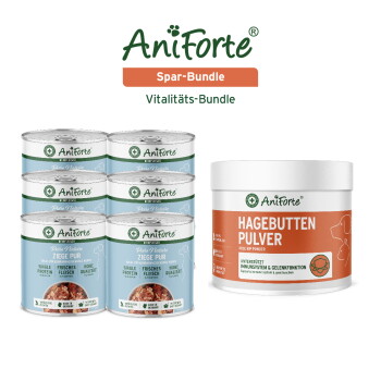 AniForte Spar-Bundle: sechs hellblaue 'Pure Nature Ziege Pur'-Dosen und eine weiße Dose mit der Aufschrift 'HAGEBUTTEN PULVER' (Hagebuttenpulver)
