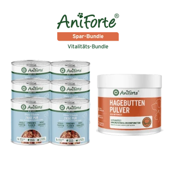 AniForte Spar-Bundle: sechs hellblaue 'Pure Nature Ziege Pur'-Dosen und eine weiße Dose mit der Aufschrift 'HAGEBUTTEN PULVER' (Hagebuttenpulver)