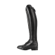 Schwarze Lederreitstiefel mit hohem Schaft, mit einer Schnürung vorne und einem seitlichen Reißverschluss für einfaches Anziehen.