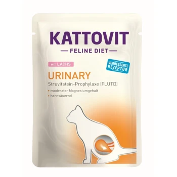 Kattovit Feline Diet Urinary Katzenfutterbeutel mit Lachs, der die Vorbeugung von Struvitsteinen und die Urinacidifizierung fördert.
