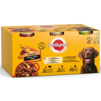Packung Hundefutter von Pedigree mit sechs 400g Dosen, beschriftet mit "Cuisine en sauce," mit Bildern von Fleisch und Karotten, recycelbare Verpackung.