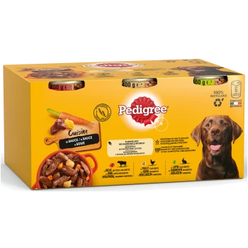 Packung Hundefutter von Pedigree mit sechs 400g Dosen, beschriftet mit "Cuisine en sauce," mit Bildern von Fleisch und Karotten, recycelbare Verpackung.