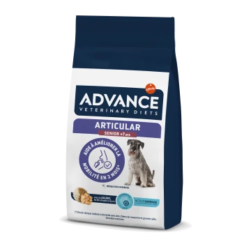 Sac de nourriture pour chiens Advance Veterinary Diets Articular pour seniors, avec un chien gris, avec un texte soulignant l'amélioration de la mobilité en 2 mois.