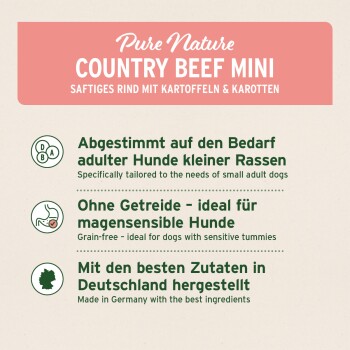 Pure Nature COUNTRY BEEF MINI — saftiges Rind mit Kartoffeln & Karotten; getreidefreies Hundefutter für kleine Hunde, hergestellt in Deutschland.