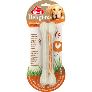 8in1 Delights Chicken Bone Strong dog chew toy, featuring a bone shape with chicken breast inside, labeled for large dogs over 25 kg.