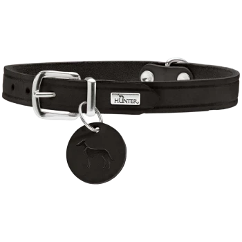 Schwarzes Lederhalsband für Hunde mit einer silbernen Schnalle und einem runden Anhänger mit einem Hundesilhouette, markiert mit 'HUNTER'.