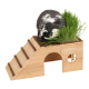 Ein grau-weißer Hase sitzt auf einer Holzrampe mit grünem Gras oben, mit einem Bogen und Stufen.