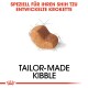 Bild eines Kibble-Stücks mit dem Text "TAILOR-MADE KIBBLE" und "SPEZIELL FÜR IHREN SHIH TZU ENTWICKELTE KROKETTE" darüber.