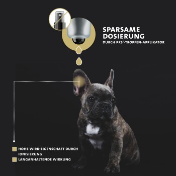 Bild eines braun gestromten Hundes mit einem Tropfenapplikator darüber, mit Text über präzise Dosierung und langanhaltende Wirkung.