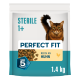 Perfect Fit Katzenfutterbeutel 'Sterile 1+' mit Foto einer braunen Katze und Kroketten; Text: 'Reich an Huhn', 'TOTAL 5 FORMULA', '1,4 kg'.