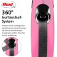 Eine pinke Flexileine mit einem 360°-einziehbaren System, mit Text, der ihre Funktionalität und Vorteile für Haustierbesitzer erklärt.