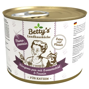 Dose mit Betty's Landhausküche Katzenfutter mit einer Illustration eines Kochs und einer Katze, beschriftet "Känguru pur mit Bonnetöl & Taurin."