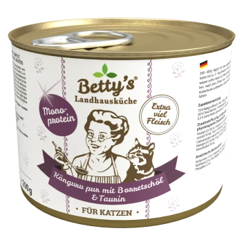 Dose mit Betty's Landhausküche Katzenfutter mit einer Illustration eines Kochs und einer Katze, beschriftet "Känguru pur mit Bonnetöl & Taurin."