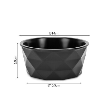 Schwarze geometrische, strukturierte Futterschale mit den Maßen 14 cm Durchmesser oben, 10,5 cm Durchmesser unten und 6,5 cm Höhe.