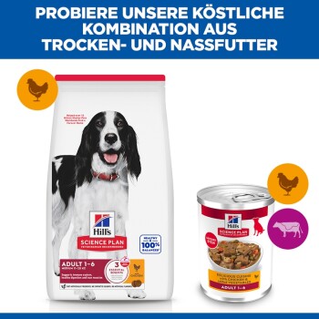Hill's Science Plan Trockenfuttersack und Nassfutterdose mit schwarz-weißem Hund, Aufschrift 'Adult 1–6' sowie Hühner- und Kuhsymbolen.