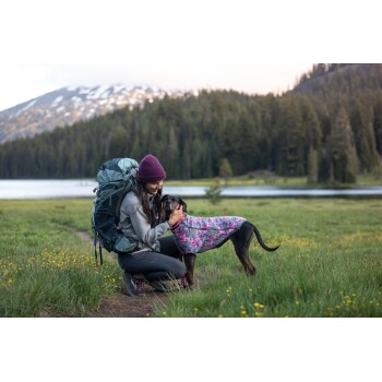 Eine Person in Outdoor-Bekleidung kniet in einem grasbewachsenen Feld und interagiert mit einem Hund in einem Blumenmantel, mit einem See und Bergen im Hintergrund.