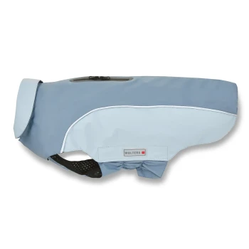 Blauer und hellblauer Wolters Hunderegenmantel mit Reißverschlusstasche und reflektierendem Besatz, für kleine bis mittelgroße Hunde.