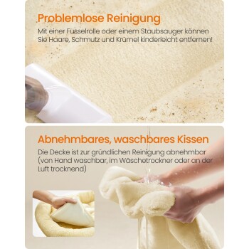 Bild eines Haustierbettes mit Text, der die einfache Reinigung mit einem Fusselroller oder Staubsauger und einem abnehmbaren, waschbaren Bezug hervorhebt.