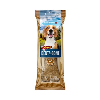 Verpackung für DeliBest Denta-Bone Hundeleckerlis mit einer malerischen Kulisse mit einem Hund, beschriftet mit "Glutenfrei" und "Keine Zuckerzugabe."