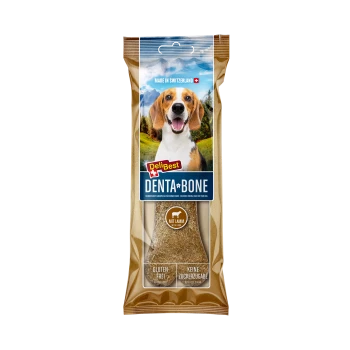 Verpackung für DeliBest Denta-Bone Hundeleckerlis mit einer malerischen Kulisse mit einem Hund, beschriftet mit "Glutenfrei" und "Keine Zuckerzugabe."