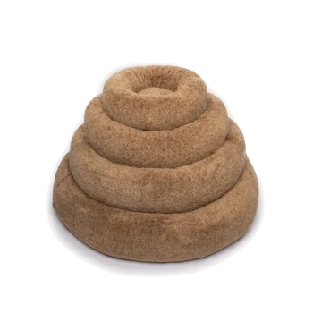 Plüschrundes beiges Haustierbett mit vier konzentrischen Donut-Ringen und flauschiger Kunstpelzoberfläche.