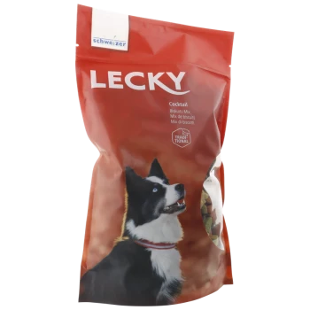 Rote Tüte von LECKY Hundekeks-Mix mit einem schwarz-weißen Hund mit blauen Augen, beschriftet mit 'Cocktail' und 'Biskuits-Mix.'