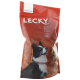 Sac rouge de mélange de biscuits pour chien LECKY présentant un chien noir et blanc aux yeux bleus, étiqueté "Cocktail" et "Biskuits-Mix."