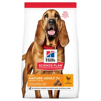 Hill's Science Plan Light Mature Adult 7+ Hundefutterbeutel mit einem glücklichen braunen Hund, mit Huhn und Tierarzt-Empfehlung.