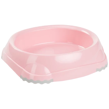 Pink pet food bowl with a smooth interior and textured base for stability.