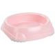 Bol de nourriture pour animaux de compagnie rose avec un intérieur lisse et une base texturée pour la stabilité.
