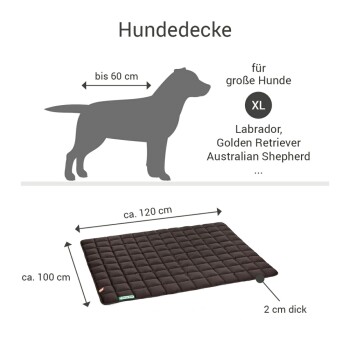 Schwarze Hundedecke für große Hunde, etwa 120 cm mal 100 cm und 2 cm dick, geeignet für Rassen wie Labrador und Golden Retriever.