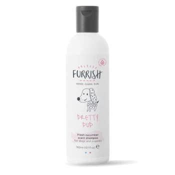 White bottle of Furrish Pretty Pup fresh cucumber scent shampoo for dogs, cartoon dog illustration, 300ml (10.1 fl oz)