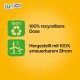 Heldergele achtergrond met tekst: "100% recycelbare Dose" en "Hergestellt mit 100% erneuerbarem Strom," die milieuvriendelijke verpakking benadrukt.