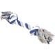 Jouet en corde pour chien durable et multicolore avec des brins torsadés en bleu marine, blanc et gris, avec des extrémités effilochées pour une texture supplémentaire.