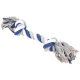 A durable, multi-colored dog rope toy featuring twisted strands in navy blue, white, and gray, with frayed ends for added texture.