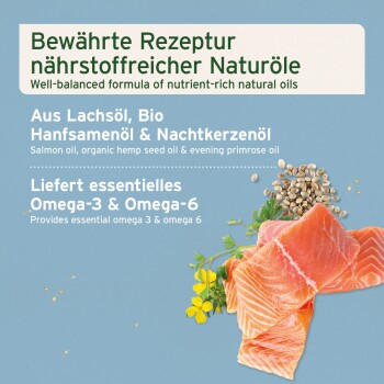 Tieretikett: nährstoffreiche natürliche Öle – Lachs, Hanfsamen, Nachtkerze; Text: Lachsöl, Hanfsamenöl, Omega-3 & Omega-6